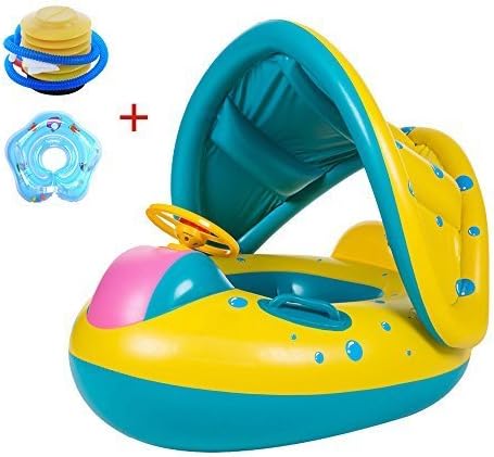 Baby Float with Canopy Swim Ring Inflatable Boat Pool Swimming Ring with Air Pump Neck Swimming Ring
