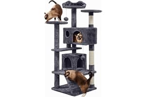 Yaheetech Albero Tiragraffi per Gatti 139 cm con 3 Pali Graffiatoi 3 Posatoi 2 Grotta 2 Pompon in Peluche a Più Livelli Giocattolo Gioco Grigio Scuro