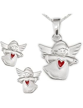CLEVER SCHMUCK-SET Silberner Anhänger 12 mm Kinderengel matt mit Herz rot und passende Ohrstecker 7 mm seidenmatt...