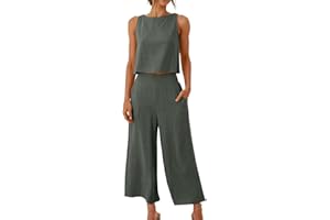 AMhomely 2 Piece Outfits for Women Sleeveless Trouser Sets for Women Cotton Linen Sets for Women 2 Piece Wide Leg Pants Marching Vest Top Button Back Ladies Elegant Pants Suits with Pocket