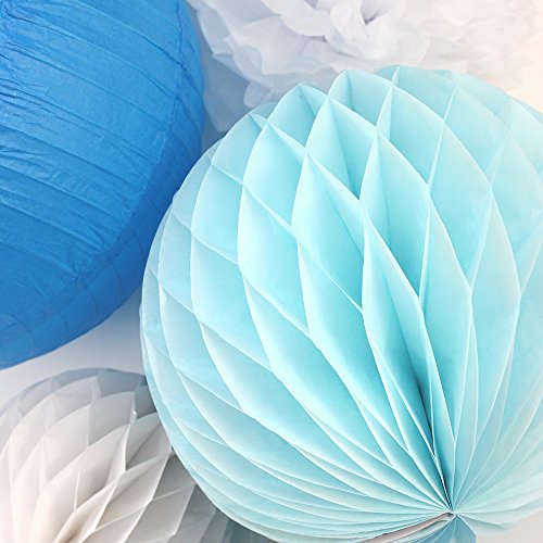 SUNBEAUTY 8er Set Tissue Papier Blume Pompom & Honeycomb Wabenball & Lampion Rosa Blau Serie Mixed Hochzeit Geburtstag Babyparty Dekoration (Blau) - 3