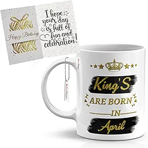 KivStar Kings are in April Quotes Printed Mug with Birthday Wishing Card, Gifts for boy, Gifts for Her, Gifts for Boyfriend,Gifts for Husband Coffee Mug (330 ml) (April)