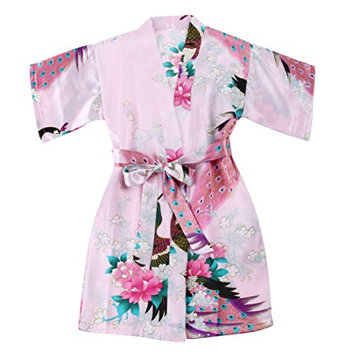 FAYBOX BRIDAL, vestaglia satinata per bambina stile kimono, con pavoni e fiori, adatta per spa, età dai 2 ai 12 anni Pink 5-6 Anni