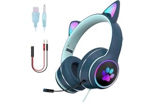 DRAGON SLAY Casque de Jeu/d'écoute de Chat Filaire à LED pour Adultes et Adolescents, Bandeau rembourré réglable, Microphone détachable, Suppression du Bruit et lumière RVB (Bleu, USB + Jack 3,5 mm)