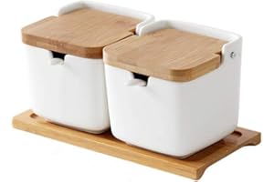 OnePine Set di 2 portaspezie in Ceramica, condimenti Contenitore Zuccheriera con Coperchio Cucchiaio Vassoio, Design Elegante, per Casa e Cucina