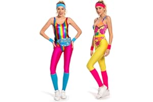 YANVS Disfraz de fitness de los años 80 para mujer, conjunto de 6 piezas, mono colorido, vintage, ropa aeróbic, pantalones de yoga, ropa deportiva