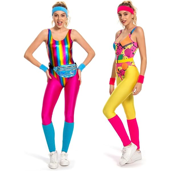 Lets Get Physical Costume Anni '80 Donna Oliva Fitness 3 Pezzi Con Body Blu E Scaldamuscoli