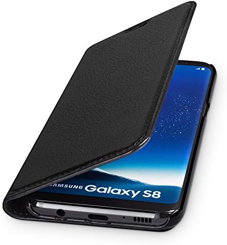 WIIUKA Genuine Leather Case TRAVEL NATURE Samsung Galaxy S8 GERMAN-LEATHER Premium Wallet Slim Black Design Cover with Card Holder and Stand Function