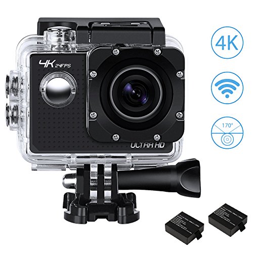 4K Action Kamera, YIPIN Ultra HD Sports Kamera Wifi 24fps 12MP 2,0 Zoll 170 ° Weitwinkel Action Cam Wasserdicht Unterwasser mit 2 Verbesserten Batterien akku und Kostenlose Zubehör Kits