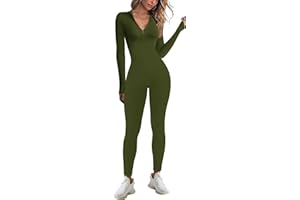 Jetjoy Ribbed Jumpsuit for Women Yoga Long Sleeve Unitard Romper Seamless All in One Catsuit Gym Stretch Bodycon Black Square Neck jumpsuit Workout Ladies Playsuit
