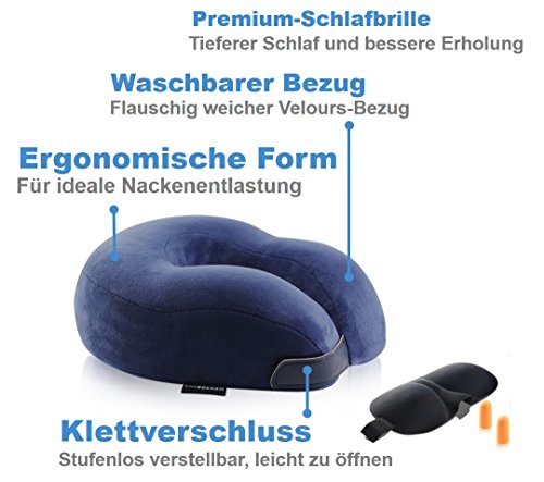Reise-Nackenkissen Nackenhörnchen – aus weichem, bequemen Memory-Schaum-Stoff – flauschiges Nackenstützkissen zum Reisen mit GRATIS Schlafbrille, Ohrenstöpsel und Tragetasche | VAN BEEKEN Reisekissen - 2