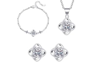 TOEECY Schmuckset Damen Silber, 925 Sterling Silber Klee Halskette Ohrstecker Armband Set mit Cubic Zirkonia Klee Schmuck Sets Geschenk für Mädchen Frauen