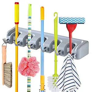 Maharaj Mall Mop Broom Holder Home Kitchen Garden Tool Organizer 5 Position with 6 Hooks Wall Mounted