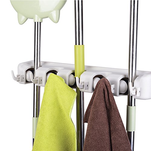 Besen Mop Halter, Gerätehalter Besen und Mopp Wand montiert Veranstalter Gartenwerkzeuge Speicher Garage Speicherlösungen 5 Position mit 6 Haken von JISIMA - 4