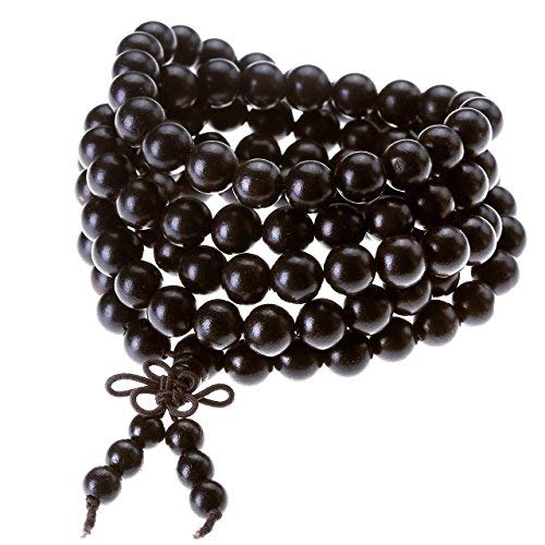 Jovivi Gioielli, Collana e braccialetto elastico da uomo e donna, tibetano buddista con perline in legno di ebano nero naturale da 8 mm