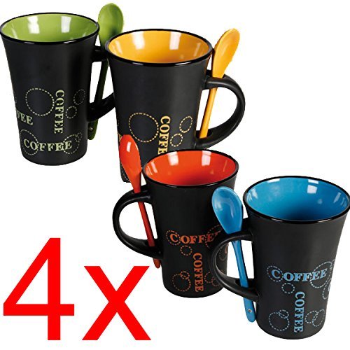 BARGAINS-GALORE 4 x Tazza di caffè con cucchiaino da tè Bere Tazze di Latte in Ceramica da Cucina Espresso New