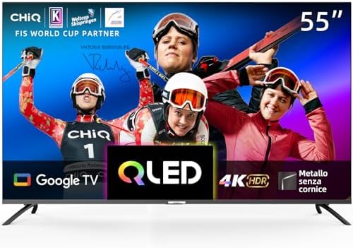 CHiQ Smart TV QLED 55 pollici 4K, Ampio spettro cromatico UHD con HDR, telecomando a controllo vocale, Chromecast integrato, Dolby Audio, DBX-TV, Bluetooth 5.0, Wi-Fi Dual Band, Modello U55QM8E 2023