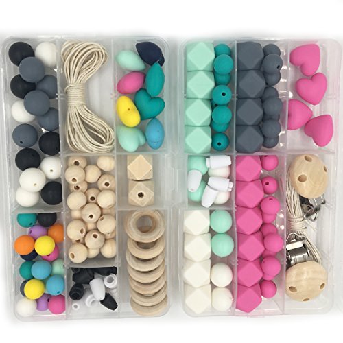 Coskiss Bebé Teether Juguetes 2 Caja de Combinación Paquete Silicona Dentición Kit Geométrico Hexágono Silicona De Madera Anillos Dentición Perlas DIY Collar De Enfermería (A109+S407)