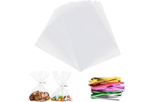 AIVEKE 100 Stück Cellophantüten klar - 10x15cm Süßigkeiten Tüten Geschenkbeutel mit Bunten Metallischen Bindebaender für Süssigkeit Chocolate Keksen Party Hochzeit Beutel