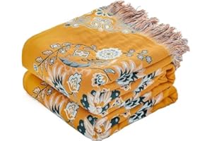 ‎HOORDRY HOORDRY 100% Cotton Blanket, 230 x 250 cm, Boho Bedspread, Double-Sided Cuddly Blanket, Sofa Throw, Reversible Blanket, Couch Blanket, Sofa Blanket with Floral Pattern, Yellow/Green