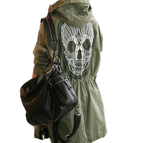 Women Back Skull Army Green Retro Military Jacket Loose Hooded Trench Coat GWF-3905