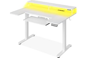 OffiGo Biurko do siedzenia i stania w kształcie litery U, 120 cm, biurko elektryczne z uchwytem na ekran, gniazdami i portem USB, biurko stojące z diodą LED, stół do gier z regulacją wysokości, białe