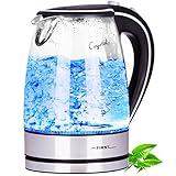 TZS First Austria - 2200 Watt Glas Edelstahl Wasserkocher 1,7 Liter blaue LED Innen-Beleuchtung 360 Grad, kabellos, Kalkfilter, BPA Frei, schwarz, Glaswasserkocher