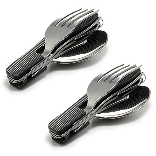 Ganzoo Set da 4 - Posate Campeggio con geriffeltem Manico in Alluminio (Coltello, Forchetta, Cucchiaio, apribottiglie in Acciaio Inox), lanciare - Posate, Colore Metallizzato, Marca, Nero