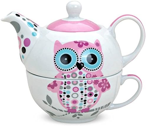 Teapot with cup teacup TEA FOR ONE set owl pinkt blue 17x17 cm from porcelain inclusive gift box inclusive 100 gr. Delicious tea