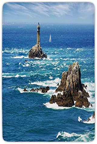 Bathroom Bath Rug Kitchen Floor Mat Carpet,Lighthouse,Daytime Lighthouse Wavy Ocean View and Clear Sky Rocky Islands Sailboat Decorative,Blue Gray White,Flannel Microfiber Non-slip Soft Absorbent