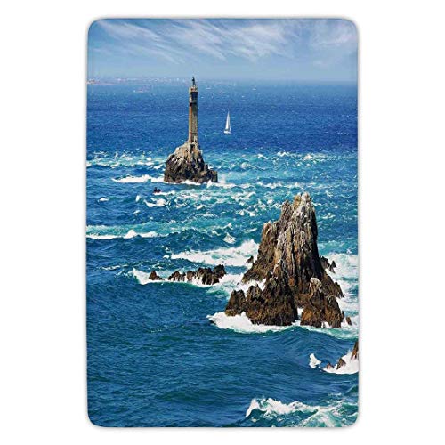 Bathroom Bath Rug Kitchen Floor Mat Carpet,Lighthouse,Daytime Lighthouse Wavy Ocean View and Clear Sky Rocky Islands Sailboat Decorative,Blue Gray White,Flannel Microfiber Non-slip Soft Absorbent