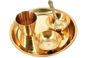 LUXCKY Prasad Bhog Thali Indian Hindu God Rituals Puja Plate. Set of 4 Pieces, (Plate, Katori, Glass, Spoon) for Offering Bhog Prasad to Thakur Ji