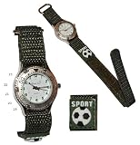 Unbekannt Kinderuhr -  Fußball  - mit Klettband / Stoff Armband Oliv grün - Uhr Kinder Jungen Sport Armbanduhr Analog - Stoffarmband - Sportuhr / Jungenarmbanduhr - F..