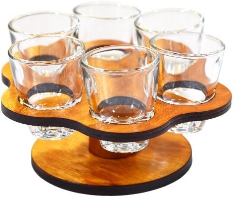 Obique Glassware Collection Flower Shaped Wooden Tray plus Set of Six Shot Glasses