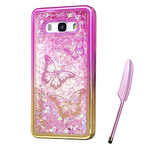Samsung Galaxy J5 2016 Case, Pink Gold Plating Design, Edaroo 3d Cool Flowing Liquid Bling Sparkle Pink Hearts Glitter Style Beautiful Butterflies Flower Pattern Slim Thin Fits Soft Rubber TPU Bumper Protective Case Cover for Samsung Galaxy J5 (2016)
