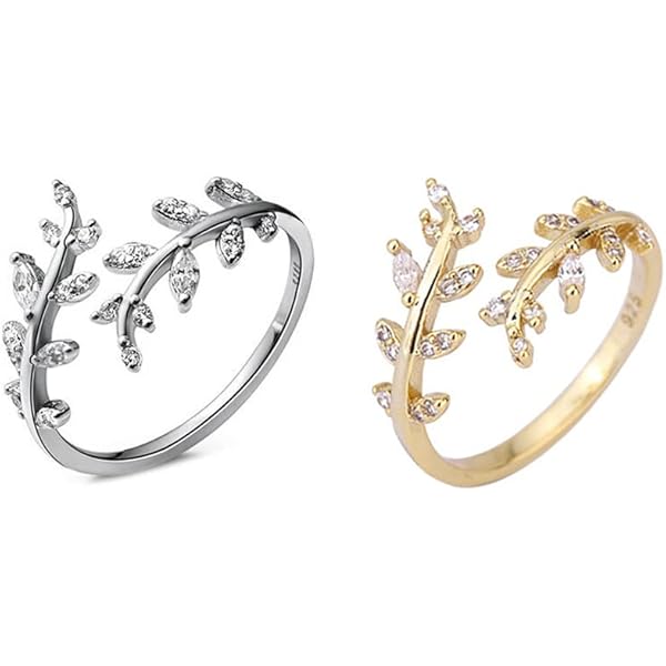 2 Anelli Donna Argento 925 Regolabili - Foglia Di Ulivo Con Zirconi, Gioiello Minimalista - Ideale Per Regalo O Uso Quotidiano