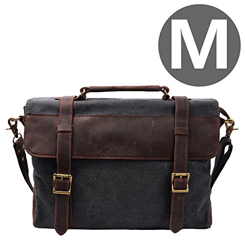 S-ZONE 14 Inch Vintage Aktentasche Arbeittasche Messenger Bag Umh  ngetasche Schultertasche Laptoptasche aus Canvas Leder  Dunkel Grau 