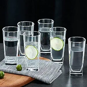 SYANKA Premium Juice and Water Glasses Set of 6 Transparent, 300ml, Drinking Water Glasses Stylish and Crystal Square Highball Glasses for Juice, Water and Cocktails