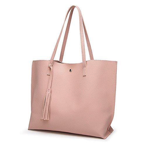 Preisvergleich Produktbild REALIKE Damen Handtasche PU-Leder Umhängetasche Hochwertigem Schultertasche Kunstleder Messenger Tasche Einkaufstasche Mit Quasten Reisetaschen Ngetasche Messenger Tasche (Rosa, M)
