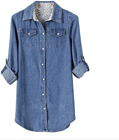 EleeryRetro Classic Women Long Sleeve Casual Pocket Rolled Blue Jean Denim Jacket Shirt Tops Blouse (M, Dark Blue)