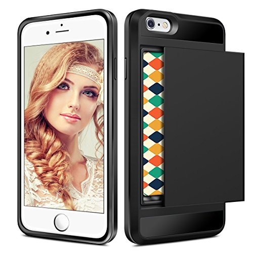 Funda protectora Rigida Compartimento para 2 Tarjetas Iphone 6 6S  4 7    Negro   Ultra Delgado  Carcasa de Doble Capa  Absorci  n de choque   Protecci  n Anti-Golpes  Armor Cartera Facil co  