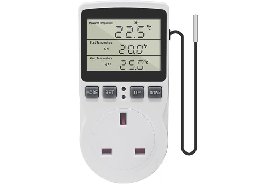 KETOTEK Digital Thermostat Plug Socket Temperature Controller 220V with Sensor Probe, Thermostatic Plug Heating Cooling for Greenhouse Freezer Refrigerator Fermentation