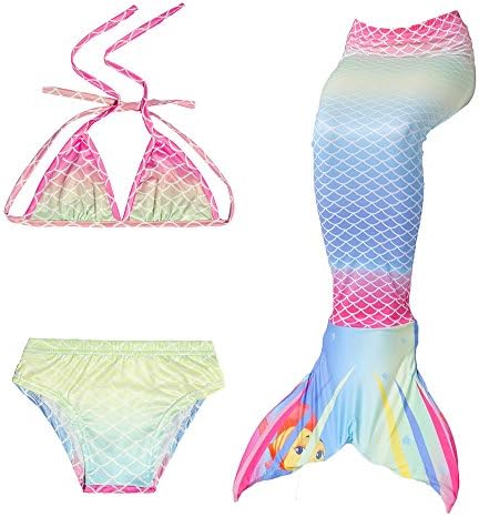 Fadirew 3PCS Girls Mermaid Tail Swimsuit Mermaid Shell Bikini Princess Kids Cosplay Costume Fancy Sea-Maid Swimwear Set Swimming Costume, Rainbow, 100cm