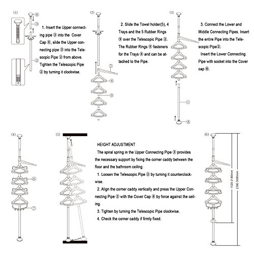 Homitex Teleskop Badregal Duschecke Duschregal mit Handtuchhalter 4 Abalahen Höheverstellbar von 95 bis 300cm - 4