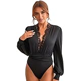 SUIUOI Body da donna con maniche in pizzo, scollo a V profondo, bordo in pizzo, a maniche lunghe, chic, con pizzo, con schien