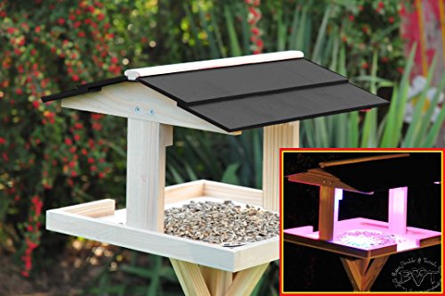 vogelfutterhaus,XXL,mit Licht,DACH edel SCHWARZ,dunkel,mit Beleuchtung,LED-Licht / Vogelhaus,wetterfest IN HELLGRAU (EDELGRAU),VIERDAANT-BEL-grau001 Schönes MASSIVES GANZJAHRES-Vogelhaus,KOMPLETT mit Ständer !!! wetterfest lasiert,wetterfest, Vogelfutterhaus MIT-Futterstation Farbe grau hellgrau lichtgrau taupe / natur NEU,Ausführung Naturholz MIT WETTERSCHUTZ-DACH für trockenes Futter,Massivholz
