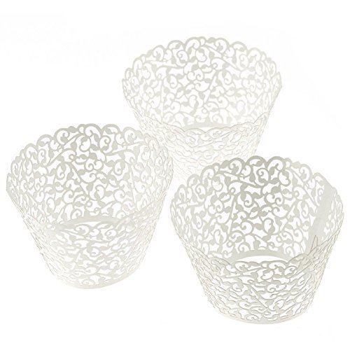 Cupcake Wrappers 100 Filigree Künstlerische backen Kuchen Papierbecher kleine Rebe Spitze Laser Cut Liner Baking Cup Muffin-Kasten Untersatz für Hochzeit Geburtstag Dekoration (Creme Weiß) - 2