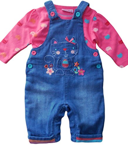 6-12 months - Baby Girls Beautiful Blue & Pink Little Kitten Lined Denim Dungarees with Long-sleeved Top Outfit
