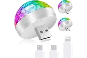 URAQT Mini Lampes Disco, 3pcs Blanc USB Lumière de Boule, 4 Couleurs Lumière Stroboscopique Portable avec 9 Adaptateurs, Lumière D'ambiance de Voiture LED pour Fêtes de Noël DJ Intérieur de Voiture