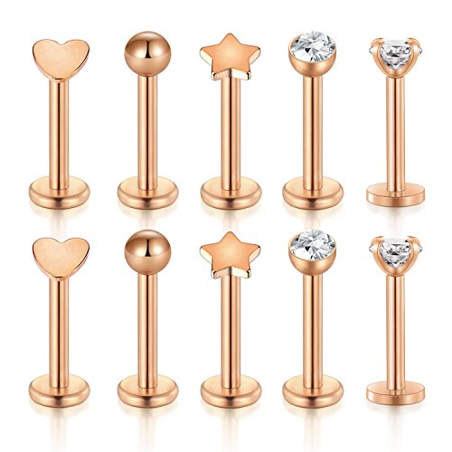 Funseedrr 5 Pair 16 Gauge Lip Larbet Stud Piercing Bars Set 8mm Silver Stainless Steel Tragus Helix Piercing Jewellery